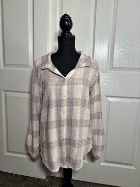 Thread & Supply ivory/grey plaid relaxed fit button-down top (size L)